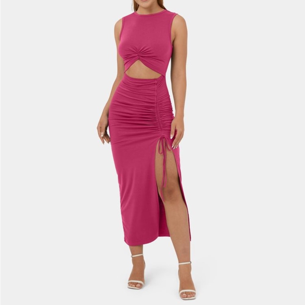 Halara Round Neck Twist CutOut Ruched Drawstring Split Bodycon Midi Dress